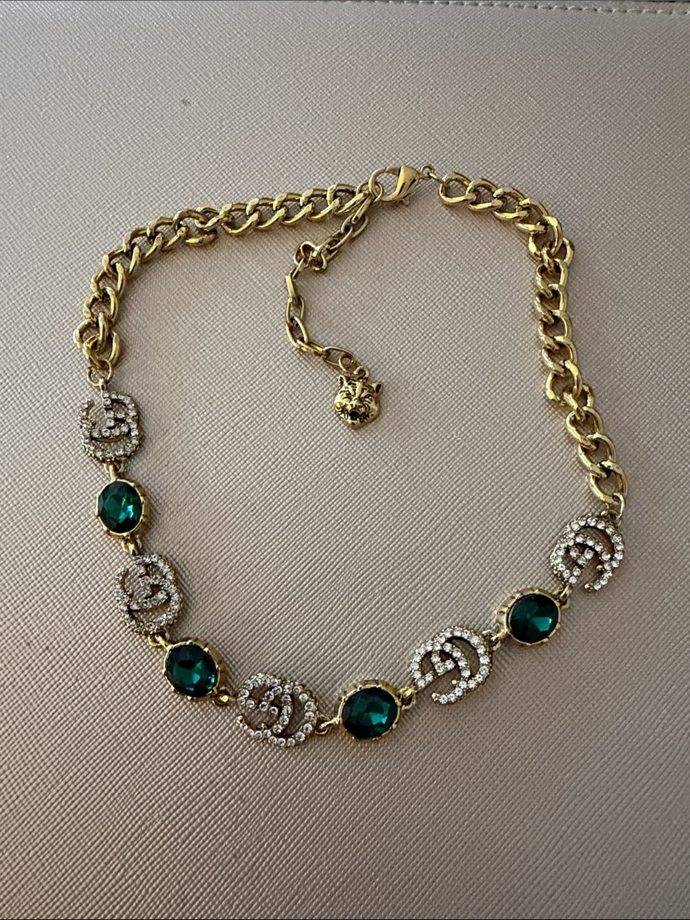 Gold Chain Necklace with Emerald Green Crystals and Pavé Accents inspired